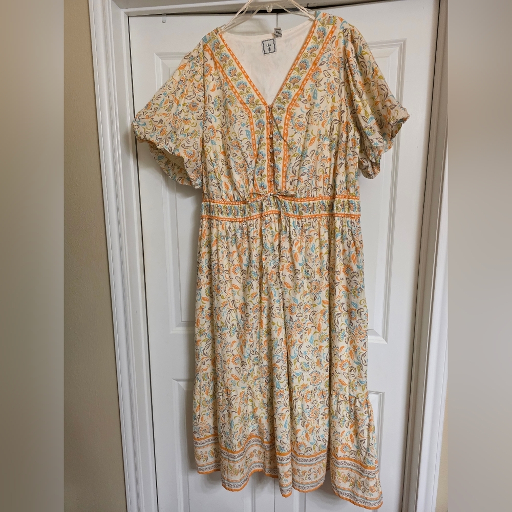 LEA Floral Puff Sleeve Midi Dress in Cream and Orange